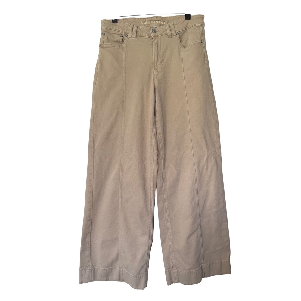 American Eagle Low Rise Baggy Wide Leg Khaki Tan Front Seam Pants Size 8 Regular